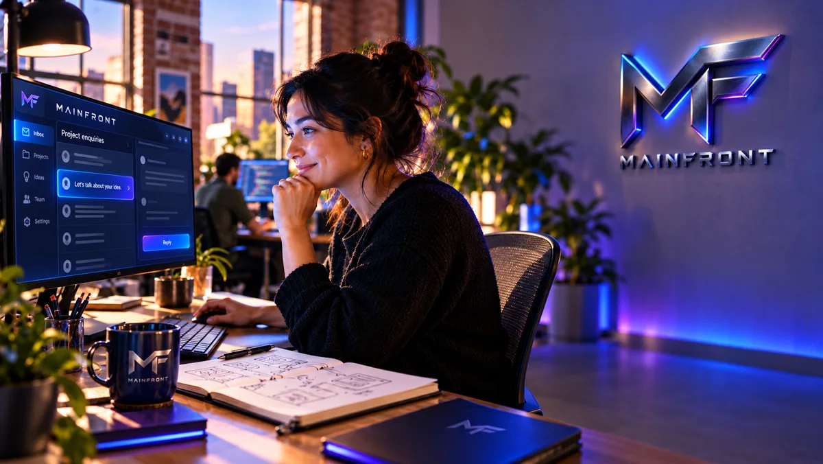An illustrative teammate reads a new inquiry at a studio desk, preparing a thoughtful response in warm afternoon window light.