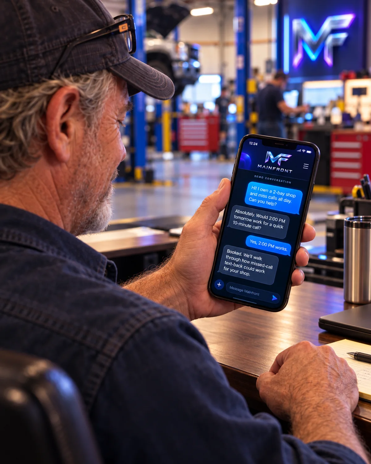 An owner holds a phone showing an illustrative conversation about missed calls and arranging a short discovery call with Mainfront.