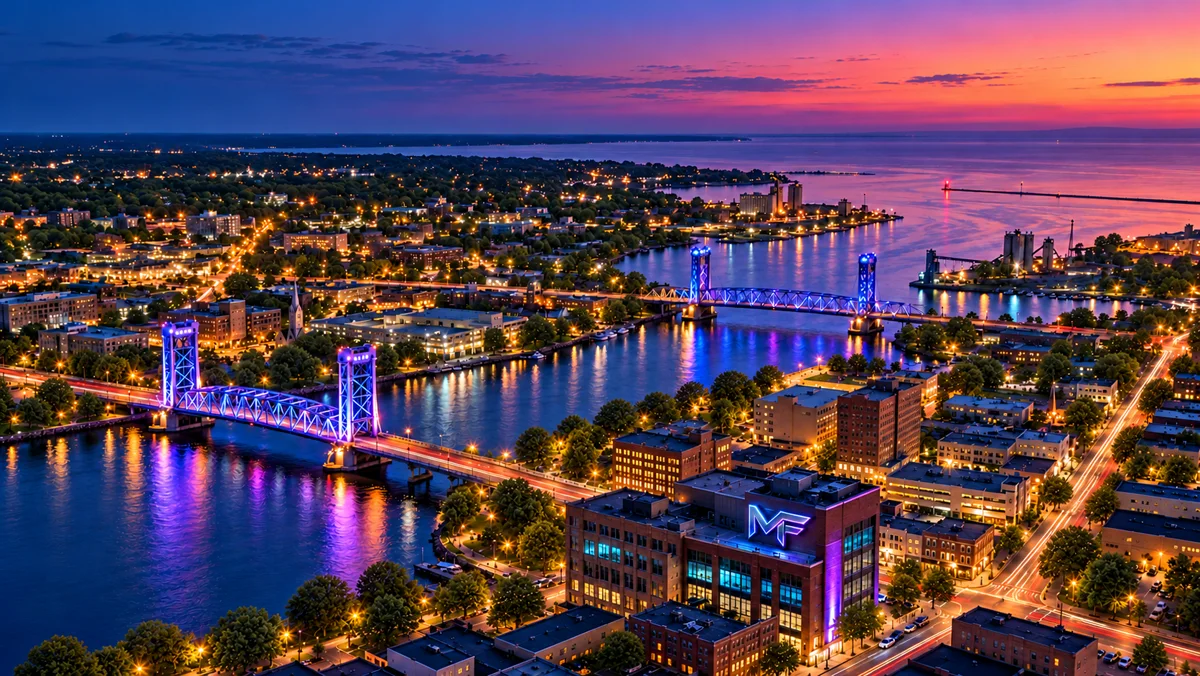 An illustrative Great Lakes river town spreads beneath a blue-hour sky, with brick streets, lift bridges and softly illuminated water.